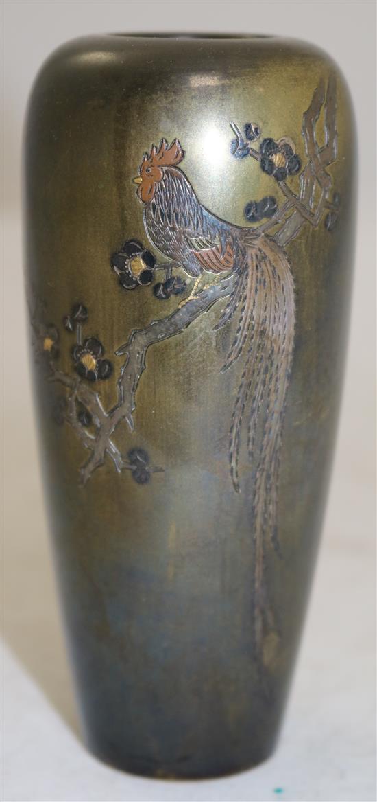 A Japanese bronze and mixed metal slender ovoid vase, early 20th century, 12cm